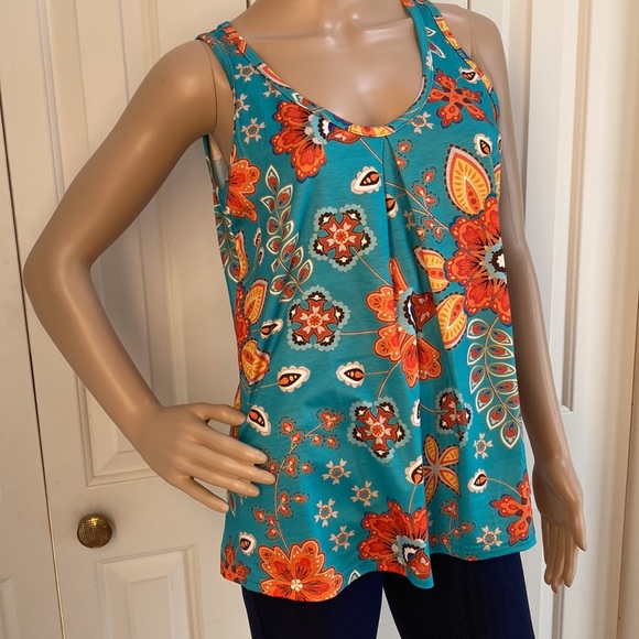 NWOT Romantic Hut Womens M Floral Fun Tank Top. Turquoise and Orange. - Picture 2 of 11